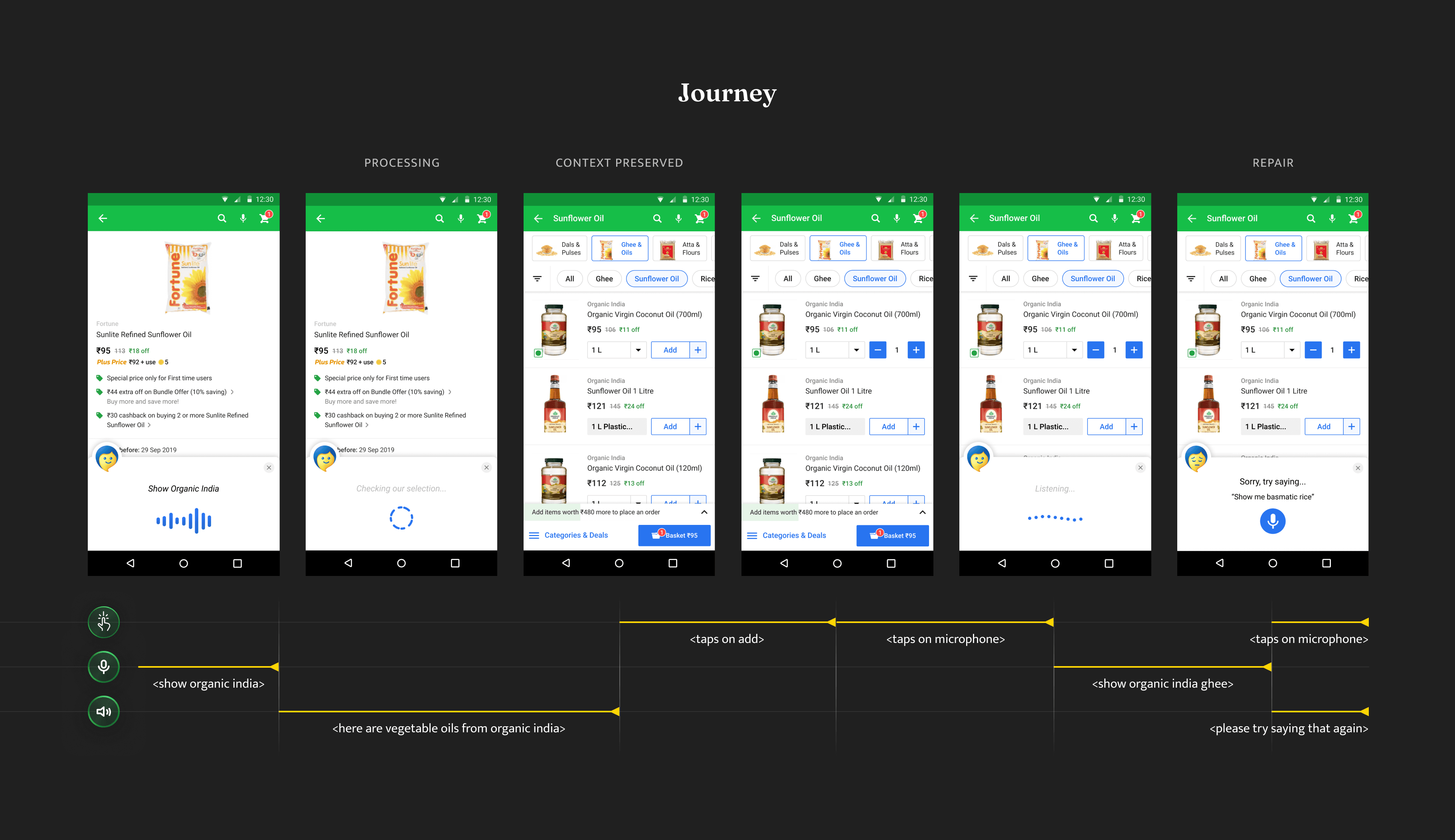 Flipkart Grocery conversational assistant final screens — complete multimodal shopping interface