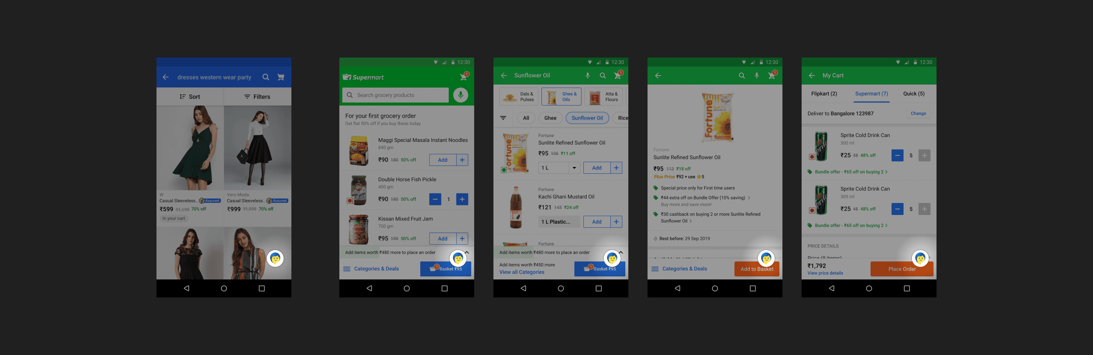 Flipkart Flippi ingress redesign — microphone-based toolbar integration across grocery experience