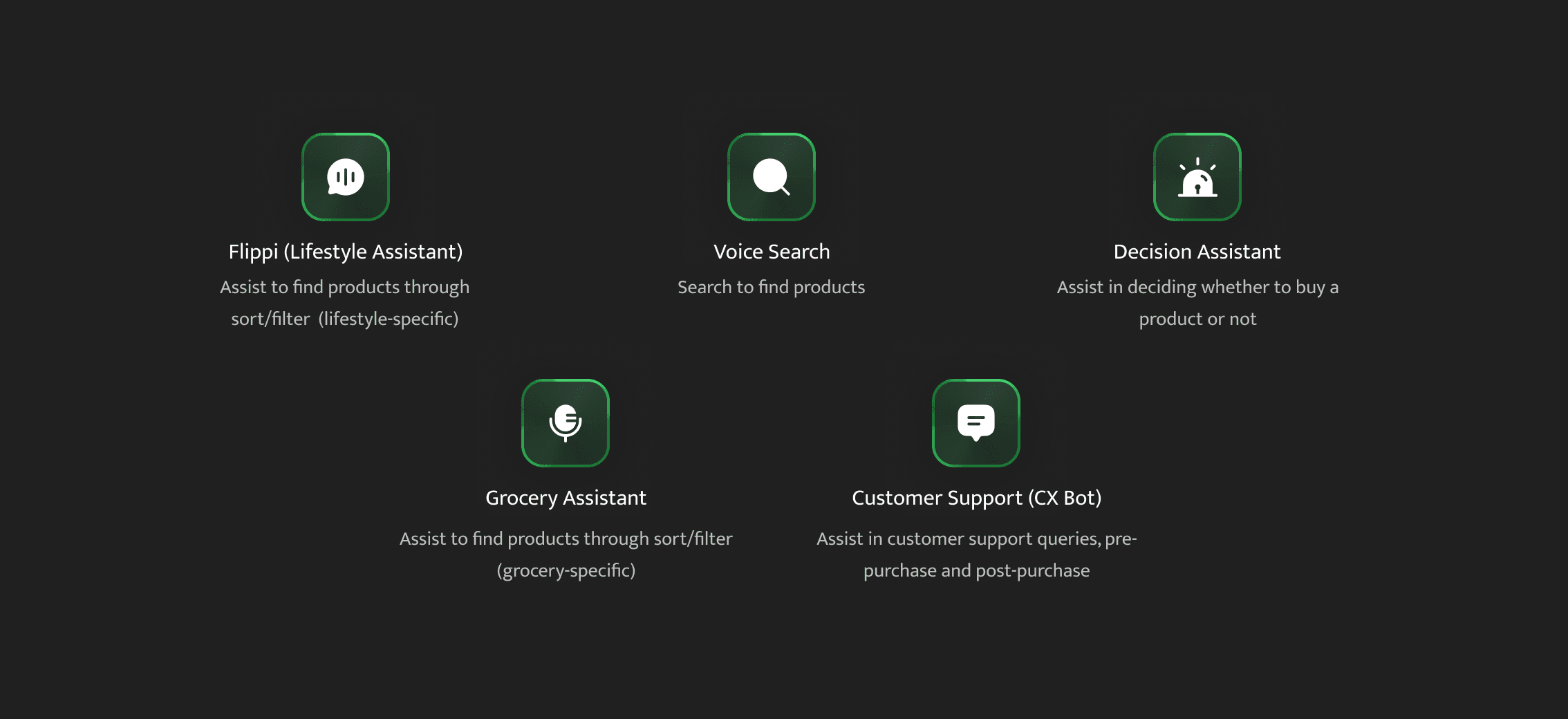 Flipkart conversational assistant products — Flippi, Voice Search, Grocery Assistant, Decision Assistant, and CX Bot