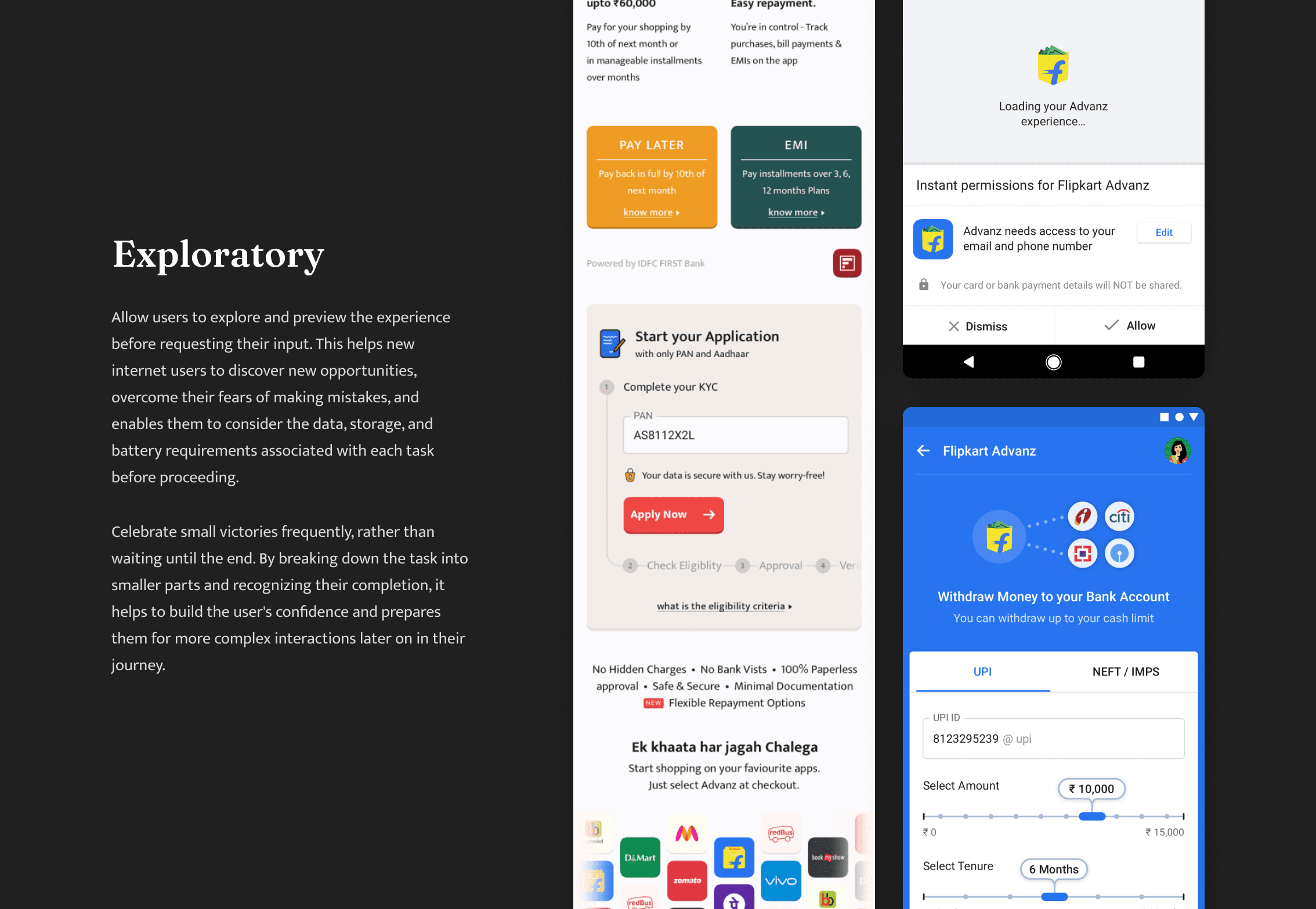 Flipkart Advanz app detailed design — full-stack consumer finance platform layout