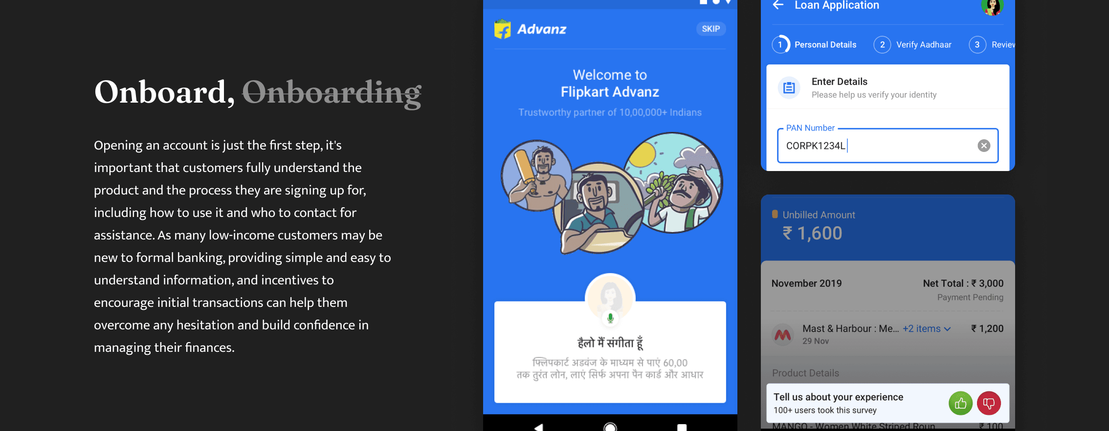 Flipkart Advanz app user flows — onboarding and credit product selection screens