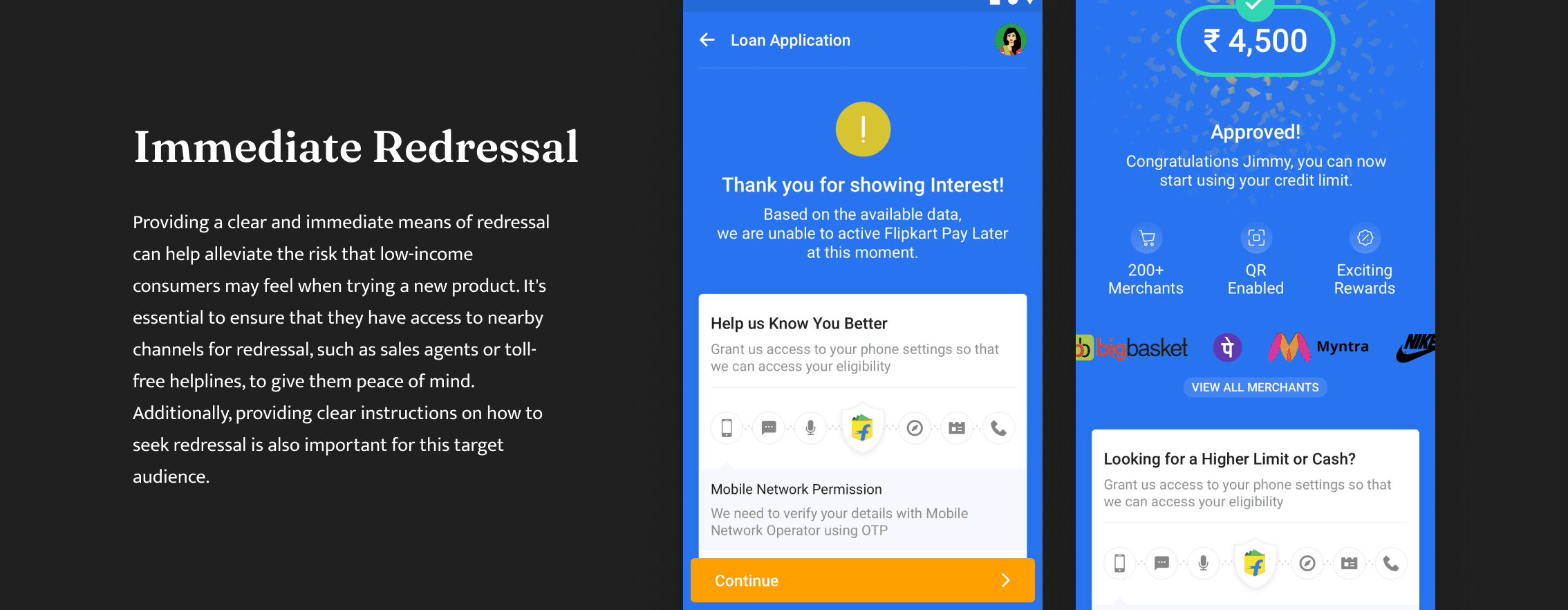 Flipkart Advanz app screens — personalized credit offers and transaction management