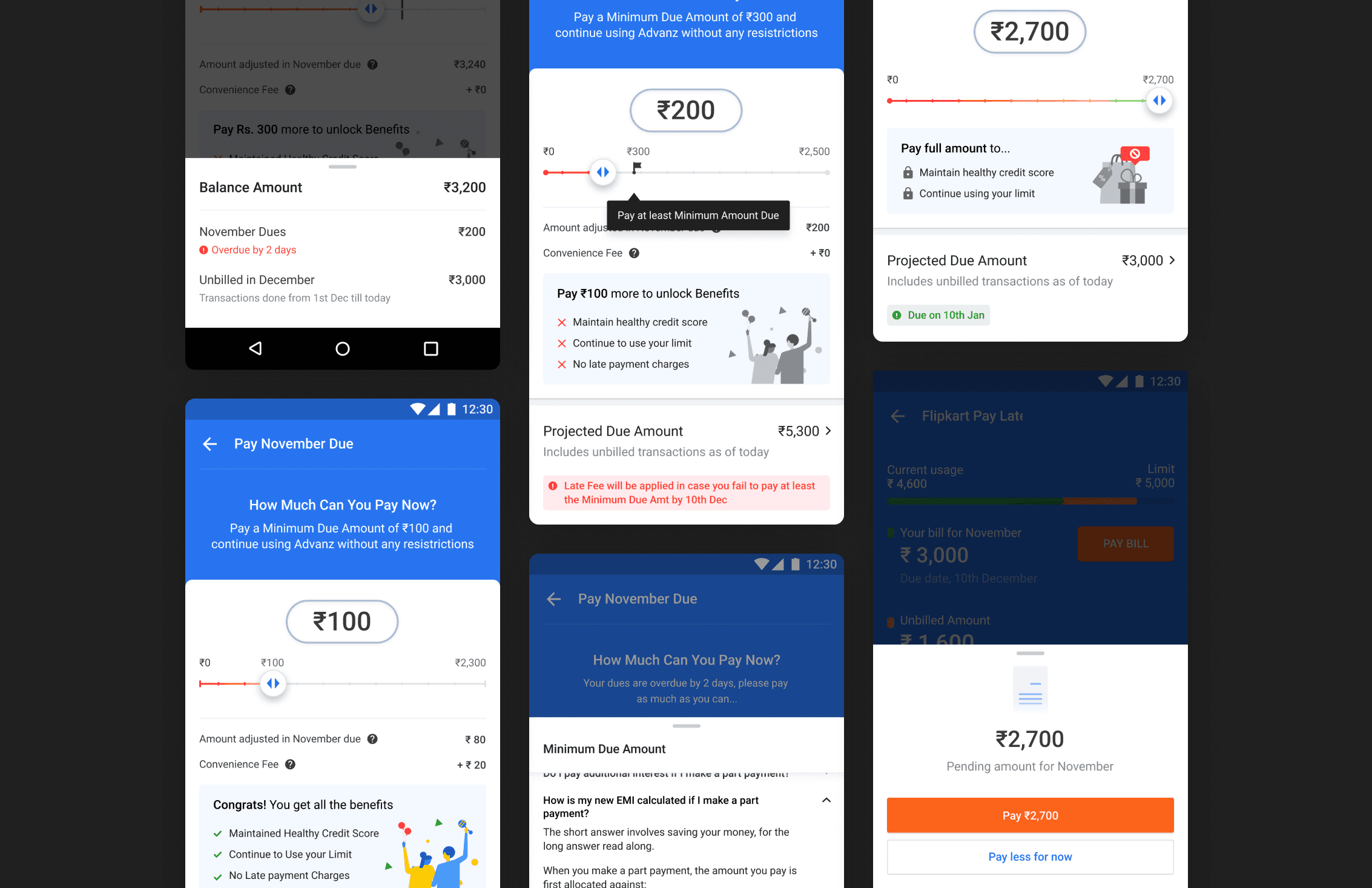 Flipkart Pay Later partial payment final screens — due date selection and convenience fee interface