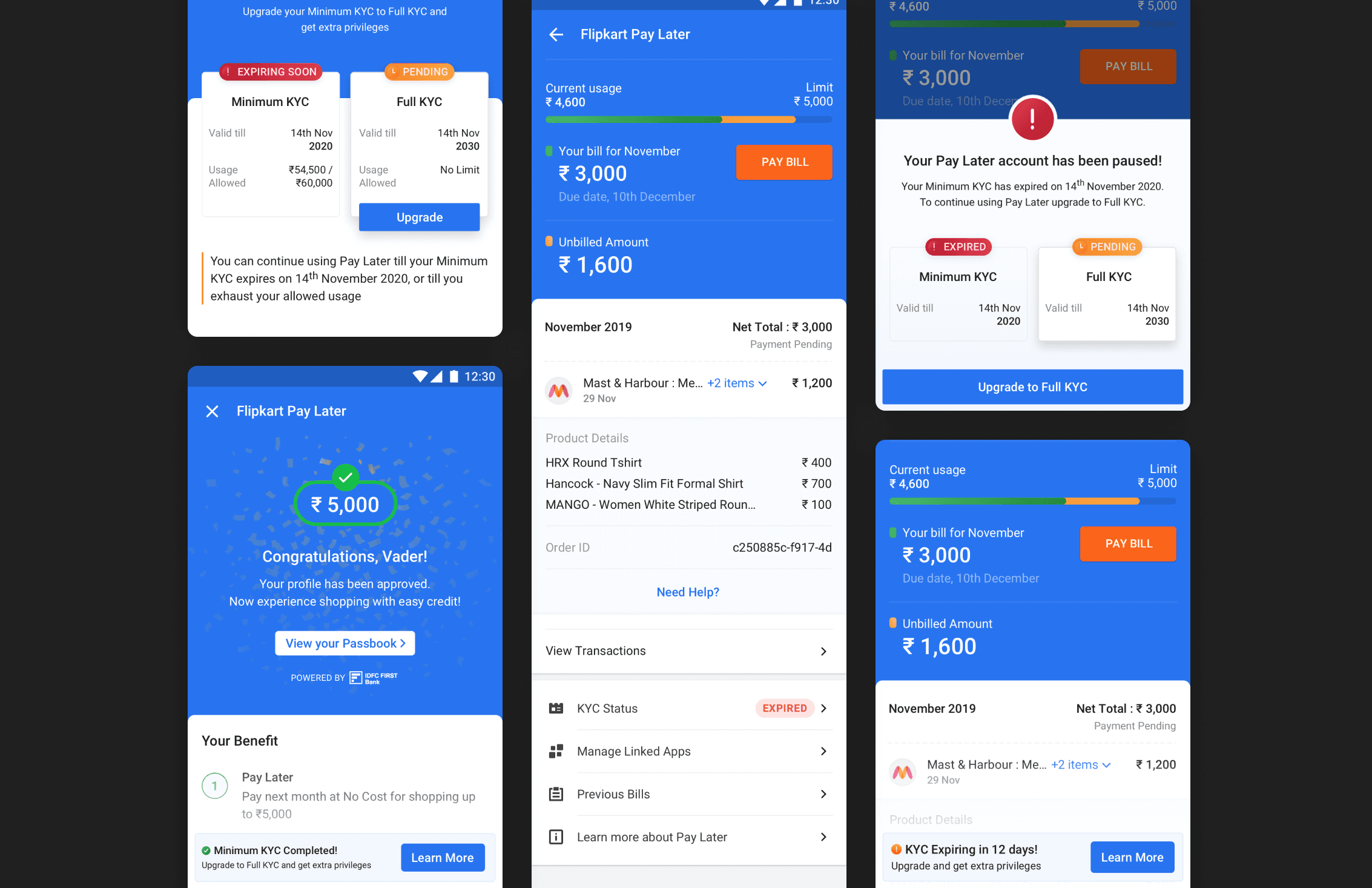 Flipkart Pay Later KYC upgrade flow — Green/Amber/Red expiry nudges and upgrade screens