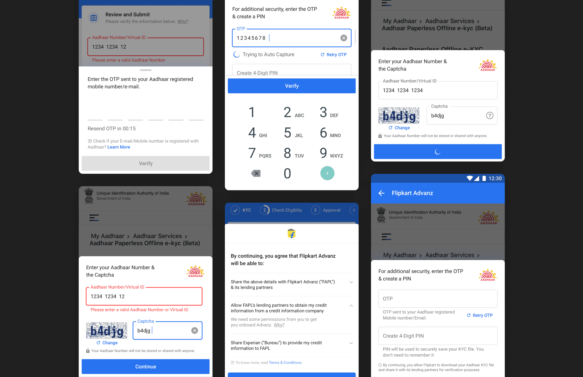 Flipkart Pay Later XML KYC interface — assistive overlay on government Aadhaar verification portal