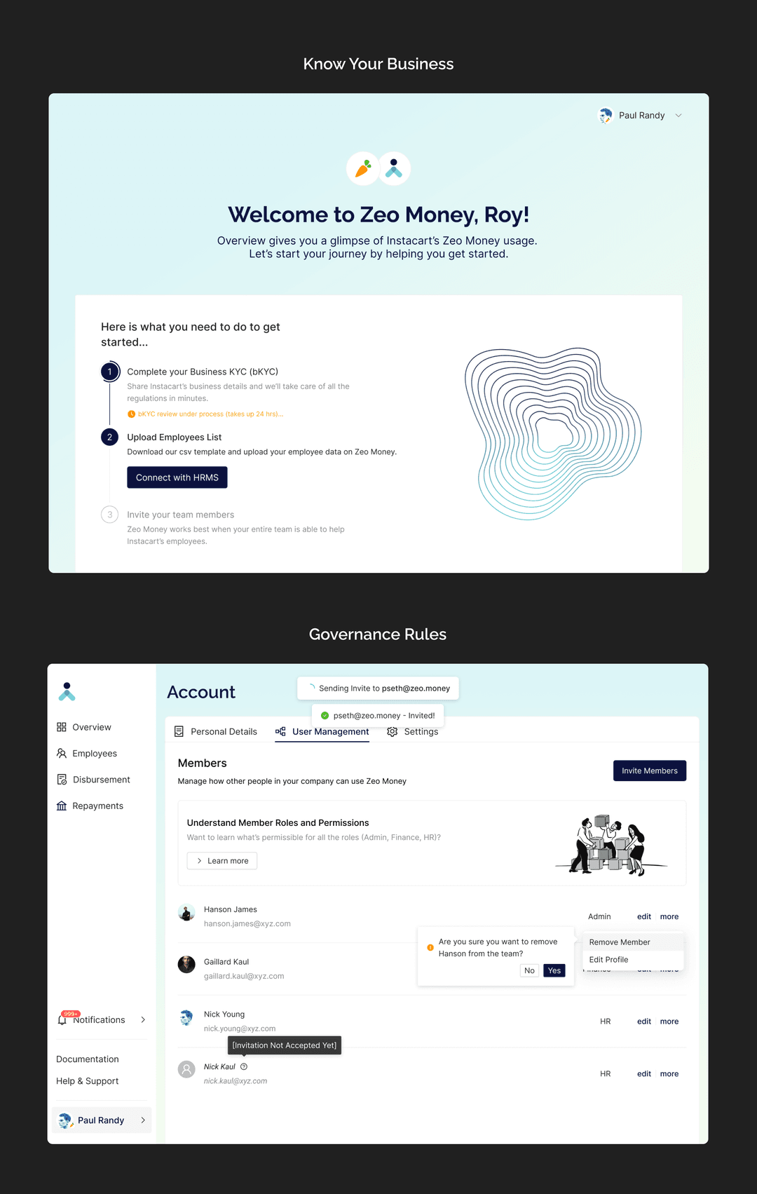 Zeo Money employee app screens — earned wage access and financial wellness dashboard