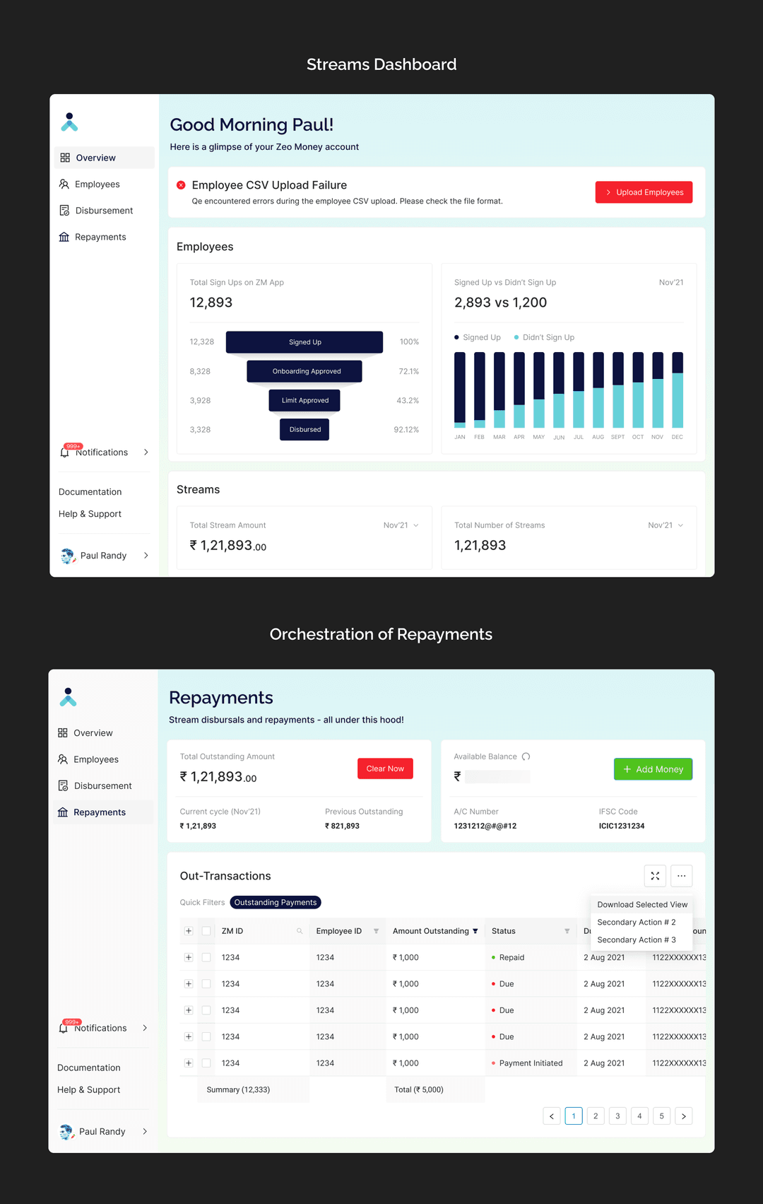 Zeo Money budgeting and expense tracking interface — employee salary management tool